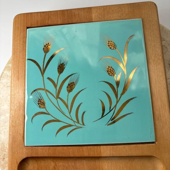Vintage Mid Century Modern Wheat Design Serving Tray with Turquoise Tile - Picture 3 of 13